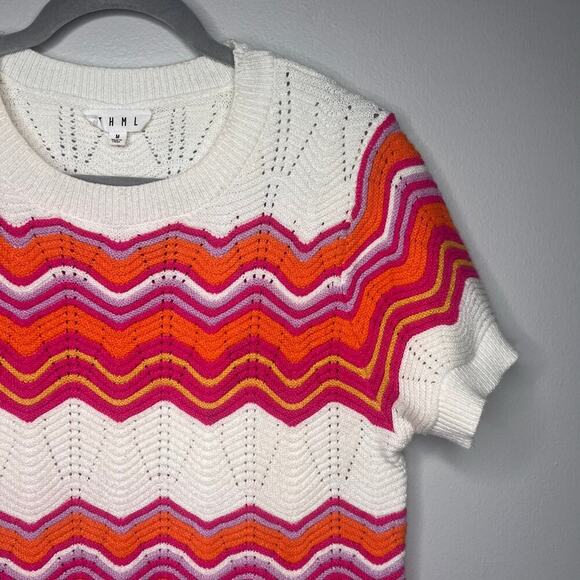 THML Vintage Inspired Chevron Knit Sweater Top Short Sleeve Boho Sz Med. Cottage - Picture 3 of 8